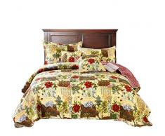 Tache Home Fashion Festive The Holly und die Ivy Patchwork gesteppt Überwurf Tagesdecke Set – Leuchtendes Multi Bunt Beige Rot Grün Floral Print – 2–3-teilig, Polyester-Mischgewebe, multi, Queen