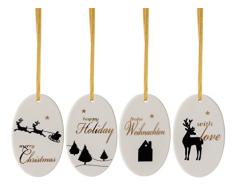Hutschenreuther Merry Christmas Shiny Gold Set 4 Anhänger Oval/7.5 x 4.5 cm Porzellananhänger 4tlg. , Porzellan, 9 x 24 x 1 cm, 4-Einheiten