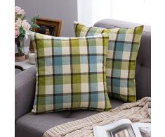 MIULEE Dekorativer Überwurf-Kissenbezug kariert Karomuster Baumwolle Leinen Rustikal Bauernhaus Quadratisch Kissenbezug für Bank Sofa Couch Auto Schlafzimmer 18x18 blau/grün