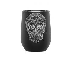 Distinct and Unique Stainless Steel Camping & Travel Powder Coated Wine Glass Tumbler with Splash Proof Lid, Triple Wall Vacuum Insulated, Coffee Mug Travel Work|Hot Cold Drinks (Black, Sugar Skull)