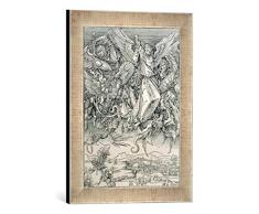 Gerahmtes Bild von Albrecht Dürer Kampf des HL. Michael mit dem Drachen aus Apokalypse, 1498, Kunstdruck im hochwertigen handgefertigten Bilder-Rahmen, 30x40 cm, Silber Raya