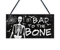 Red Ocean Lustiges Schädelschild Bad to The Bone zum Aufhängen an der Wand Türschild Halloween Dekoration Zuhause Shabby Chic Schild