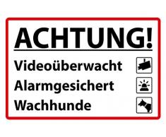 Schatzmix Achtung! Videoüberwacht - Arlamgesichert - Wachhund - Hund Warnschild, Garten - Zaun, Haus, Straßen - Blechschild 20x30 cm