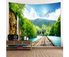 Red Fire Stoff Wandteppich Dekoration Wandkunst Tischdecke Tagesdecke Picknickdecke Strandüberwurf Tapisserien bunt Schlafzimmer Flur Wohnzimmer 79x59 inches Wooden Bridge Lake