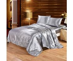 Luxus Klassisch Seidiger Satin 3-teilig Bettbezug-Set mit 2 Umschlag Kopfkissen – PREMIUM ultrasoftes Bettwäsche Kollektion (US Queen Size, Grau), Seide, grau, Twin(66 x 90)