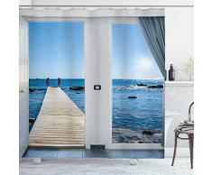 Strand Thema Decor Vorhang für die Dusche von ambesonne, Coastal Decor Ocean Sea Sunny Scenery mit Terrasse von Fenster, Stoff Badezimmer Decor Set mit Haken, hellblau und weiß, Textil, Multi 1, 69W x 70L