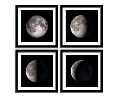 England – Mond-Phasen Leinwandbild, Schwarz-Weiß, Schlafzimmer-Wanddekoration, gerahmt, abstrakte Kunstdrucke mit Mattierung und Acryl-Versiegelung, 4-teiliges Set, modernes Giclée-Kunstwerk für Zuhause und Büro Abstrakt 12x12inchx4pcs