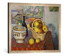 Gerahmtes Bild von Paul Cézanne Stilleben mit Obstkorb und Suppenterrine, Kunstdruck im hochwertigen handgefertigten Bilder-Rahmen, 70x50 cm, Silber Raya