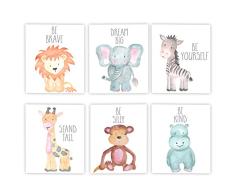 Kinderzimmer Decor Nursery Art Baby Animal Safari Thema Kinderzimmer Safari Tiere Poster Wall Art Prints Set von 6 Watercolor Tiere Elefant Zebra Giraffe Löwe Nilpferd Affe Prints 8x10 grau