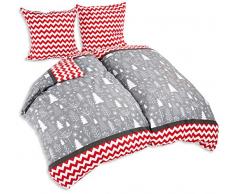 AmeliaHome 06327 3tlg Biber Bettwäsche 160x200 cm mit 2 Kissenbezügen 70x80 cm 100% Baumwolle Bettbezug Reißverschluss Snuggy Collection Christmas Mess Tannenbaum weiß rot grau