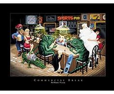 Buyartforless Work Poster mit Rahmen, Motiv Break von Darryl Vlasak, 32 x 24 cm, Vintage-Sport-Pub, kommerzielle Tierfiguren sitzen um Bar, Schwarz