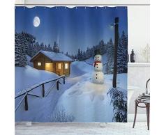 Weihnachtsschmuck Vorhang für die Dusche Set by ambesonne, Holz rustikal Log Cottage Scenery Winter Night Warm Moonlight Christmas Spirit, Badezimmer Zubehör, 190,5 cm lang, blau, weiß