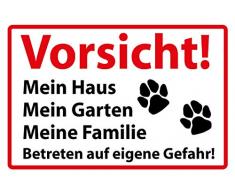 Schatzmix Vorsicht ! Mein Haus - Mein Garten - Meine Familie Betreten auf eigene Gefahr! Hund Warnschild, Garten - Zaun, Haus, Straßen - Blechschild 20x30 cm