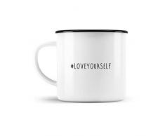 malango Emailletasse #oveyourself Campingbecher Emaillebecher Emaille Kaffeetasse Kaffeebecher Geschenkidee Metall Bedrucken klein weiß 300 ml Hashtag