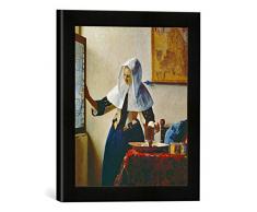 Gerahmtes Bild von Jan Vermeer Van Delft Junge Frau mit Wasserkrug am Fenster, Kunstdruck im hochwertigen handgefertigten Bilder-Rahmen, 30x30 cm, Schwarz matt