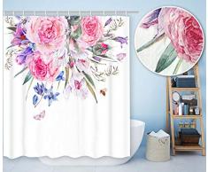 Becan Vintage Floral Duschvorhang Rautenmuster Stoff Floral Design Rosen Wildblumen Schmetterling Biene Retro Stil Waffel Jacquard Stoff Badezimmer Duschvorhang mit 12 Haken 182,9 x 182,9 cm 72X72Inches Multi 1