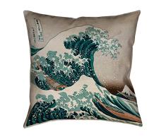 ArtVerse Katsushika Hokusai The Great Wave in Grün und Braun x Bodenkissen, doppelseitiger Druck mit verdecktem Reißverschluss und Einsatz 36 x 36