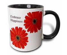 3dRose Happiness rot Daisies-Flowers-Inspirational-Two Ton, schwarz, Kaffeebecher, Keramik, Mehrfarbig, 10.16 cm x 7,62 x-Uhr