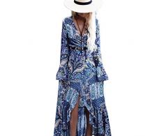 BIYOUTH Damen Maxikleid Bohemian tiefer V-Ausschnitt Glocke Ärmel Sommer Strand Abend Party Bauer - Blau - Einheitsgröße