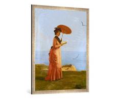 Gerahmtes Bild von Valentine Cameron Prinsep Frau mit Sonnenschirm am Strand der Insel Wight, ein Buch lesend - Emily Prinsep, Kunstdruck im hochwertigen handgefertigten Bilder-Rahmen, 100x70 cm, Silber Raya