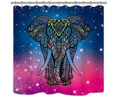 Riyidecor Mandala-Elefanten-Duschvorhang-Set, 12 Stück, mit Metallhaken, asiatische orientalische Motive, blaues Tier, wasserfest, Stoff für Badezimmer, Badewanne, Heimdekoration, 182,9 x 182,9 cm