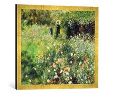 Gerahmtes Bild von Auguste Renoir Frau mit Sonnenschirm in einem Garten, Kunstdruck im hochwertigen handgefertigten Bilder-Rahmen, 70x50 cm, Gold Raya