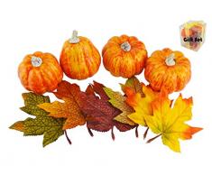 JEDFORE Mischung aus 4 künstlichen Mini-Kürbissen und 6 Stück lebensechte Ahornblätter für Halloween, Erntedankfest, Herbsternte, Hochzeits-Dekoration