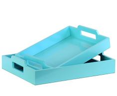 Urban Trends Holz Serviertablett rechteckig mit Ausschnitt Griffe Coated Finish Light (Set von 2), blau