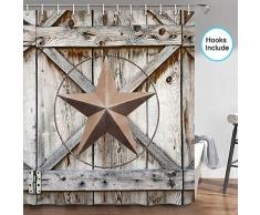 JAWO Western Texas Star Duschvorhang, Western Texas Star auf rustikalem Holzbrett Bauernhaus Scheunentür Badezimmer Dekor, Stoff Duschvorhang-Haken, 177,8 cm