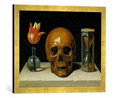 Gerahmtes Bild von Philippe de Champaigne Vanitas, Allegorie der Vergänglichkeit mit Totenkopf und Stundenglas, Kunstdruck im hochwertigen handgefertigten Bilder-Rahmen, 60x40 cm, Gold Raya