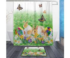 alaza Set von 2 Happy Ostern 152,4 x 182,9 cm Duschvorhang und Matten-Set, Blumen-Hase, Ei, Schmetterling, wasserdichter Stoff, Badezimmer-Vorhang und Teppich-Set mit Haken