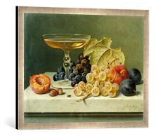 Gerahmtes Bild von Emilie Preyer EIN Champagnerglas, Weintrauben, Pflaumen und Pfirsiche auf Einer Marmorplatte, Kunstdruck im hochwertigen handgefertigten Bilder-Rahmen, 70x50 cm, Silber Raya
