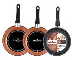 Magefesa Copper 242628 Pfannenset aus emailliertem Stahl, 3 Stück Antihaftbeschichtung, zweilagig, verstärkt, Stein-Effekt, Farbe Kupfer außen. Geeignet für alle Herdarten mit Emaille.