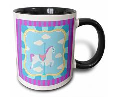 3dRose Karussell-Pferd, violett, rosa, blau, Wird in den Wolken und Stripes-Two Ton, schwarz, Kaffeebecher, Keramik, Schwarz/Blau/Pink/Violett, 10.16 cm x 7,62 x-Uhr
