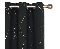 Deconovo Verdunklungsvorhänge Wellen Foliendruck Muster Raumverdunklung Vorhang Thermoisoliert Fenster Energiespar Drapes Set von 2 Panels 42Wx45L Inch schwarz