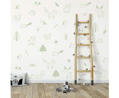 Wandtattoo / Wandaufkleber aus Vinyl, Waldtiere, 40 Stück Kinderzimmerdekoration, originelles Künstlerdesign. Aufkleber für Kinder, selbstklebend Baby Nordic Fuchs, Bär, Moose, Vögel, Eichhörnchen, Kiefernholz, Blatt Schlafzimmer Dekoration grün