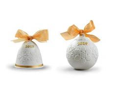 Unbekannt Lladro 2019 Weihnachtsglocke mit Kugel, Goldener Glanz #18447 & #18444