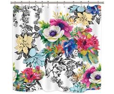 Cdcurtain Blume Blüte Wildblumen Dusche Vorhang Panel Blumen Vögel Blättern Zweige Watercolor House Decor Kollektion Stoff-Set Polyester Wasserfest 182,9 x 182,9 cm Frei Kunststoff Haken 12 Pieces