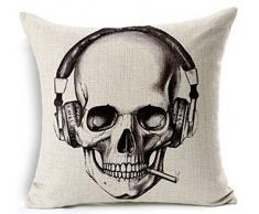 Halloween Geschenk Retro Sketch Totenkopf Kopfhörer Rauchen Zigarette Baumwolle Leinen Überwurf Kissen Fall Personalisierte Kissenbezug New Home Office Dekorative Square 45,7 x 45,7 cm, baumwolle, schwarz, 18X18
