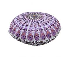 Hemsi-77 Mandala Art Bohemian Yoga Decor Boden Kissenbezug – 81,3 cm – Rund Boden Kissen Pouf Bezug – Handbedruckte Bio-Baumwolle von Colorful 32 Inches Approx Lila, Weiß