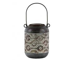 Benjara Laterne, zylindrische Form, Metall, Blumenmuster, Grau