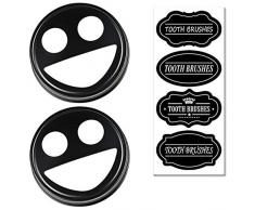 Amolliar Mason Jar Zahnbürstenhalter Deckel – aus Premium rostfreiem 304 Edelstahl – für breite Öffnung, Pint Mauon, Ball, Dosengläser, 2 Stück, schwarz (Gläser Nicht im Lieferumfang enthalten)