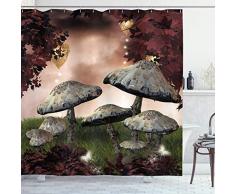 Fantasy Vorhang für die Dusche von ambesonne, enchanted Fairytale Forest Scenery mit Pilzen und Feen Zauberhafte Dark Bild, Stoff Badezimmer Decor Set mit Haken, 177,8 cm, Kastanienbraun, grau