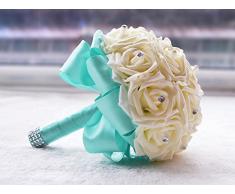 Kuki Shop handgefertigt Romantische PE Rosen Hochzeit Bouquet inkl. passender Handgelenk Blume Brautschmuck halten Bouquet Brautschmuck Überwurf Blumenstrauß Hochzeit Bouquet Brautjungfern Dekoration Blumen tiffany blue