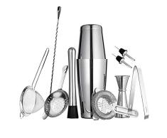 11-teiliges Boston Cocktail Shaker Set für professionelle Bartender und Home Bar: 2 gewichtete Shaker Dosen, Sieb-Set, Messbecher, Eisstößel & Zange, Rührlöffel und 2 Likörausgießer Essbesteck Silber