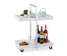 Relaxdays, Silber/weiß Servierwagen mit 2 Ablagen, verchromtes Stahlgestell, 360° drehbare Rollen, HxBxT: 75 x 60 x 34cm