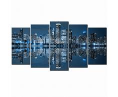 Live Chicago Downtown bei Nacht Bild Leinwandbild – modern Art Decor City Mauer Kunst – 5 Elementen gerahmtes Kunstwerk für Büro Wohnzimmer Wand Dekoration Modern 12x24x2pcs+12x28x2pcs+12x32 Chicago-large Size
