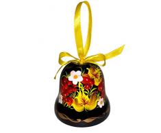 Ukrainische Souvenir handbemalt lackiert Holz Deko Bell mit ethnischen petrykiwka Floral Malerei, ein hübscher Home Decor Accent Artikel in einem Geschenk-Box für Frauen, aufhängen oder Desktop weiß / rot