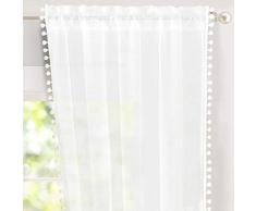DriftAway Drift Away Laura Pom Pom Sheer Gardinen Set von Zwei Elementen, je 132,1 x 213,4 cm Plus 5,1 cm Header weiß