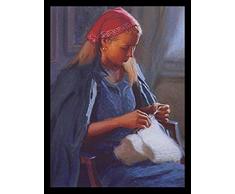 Buyartforless Poster Anthony Watkins, gerahmt, 61 x 32 cm, Figurative Frau im Stuhl strickt rot Bandana, Blau